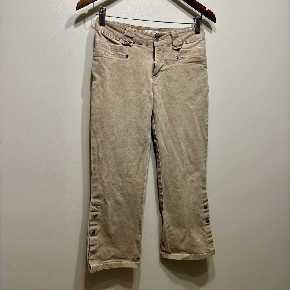 Bess Vintage Y2K Mid Rise Flare Cropped Capri Length Stretchy Denim Pants Tan